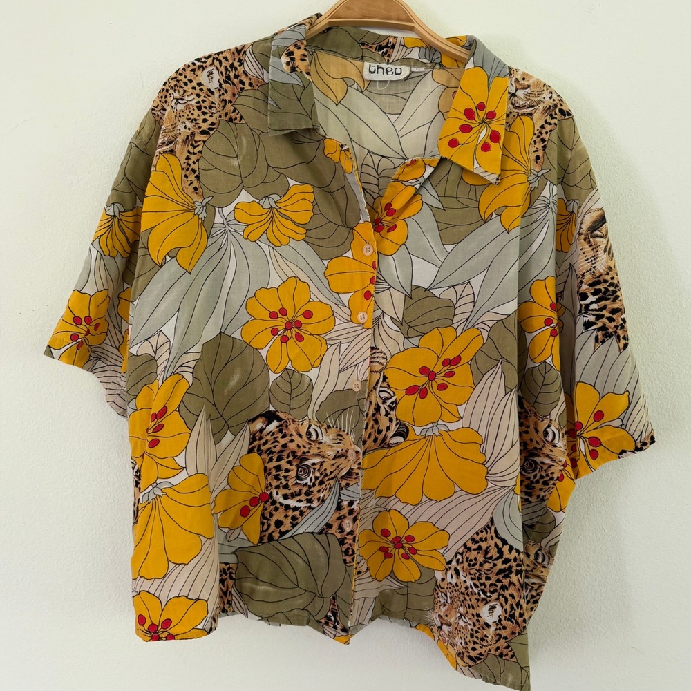 Theo Vintage Leopard Floral Tropical Button Up Shirt Yellow Green Large